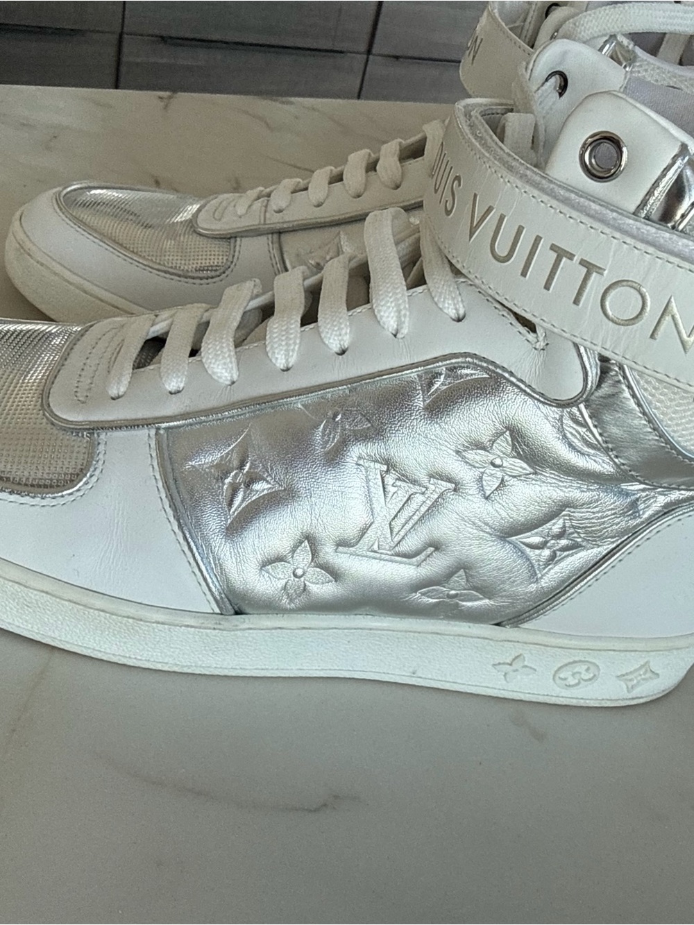 Louis Vuitton White & Silver High-Top Sneakers with Monogram Detail
